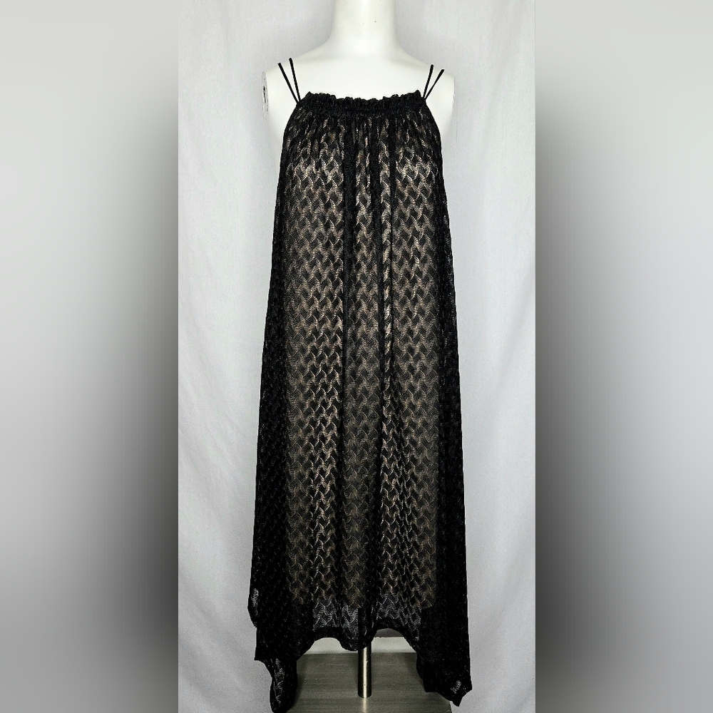BCBGMAXAZRIA Black Lace Lined Asymmetrical Sharkbite Midi Dress Size L NWOT‎